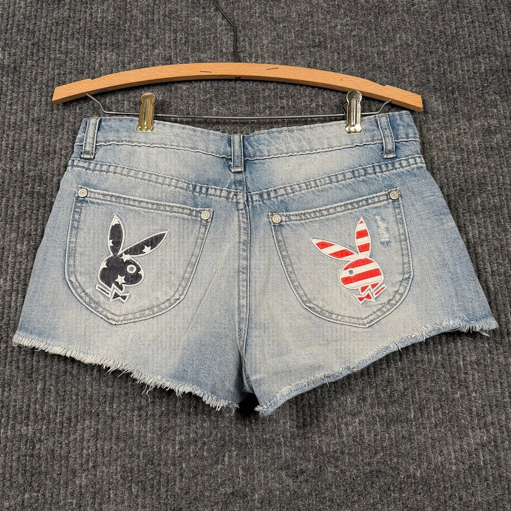 Playboy Denim Short Sz 7 Vintage Americana USA Flag Bunny Patches Y2K Festival